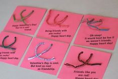 six pink cards with different types of bracelets on them, all written in black and white