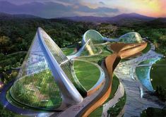 an artist's rendering of a futuristic building in the middle of a green valley