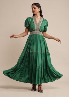 Ritu Kumar-Green Embroidered Dress-INDIASPOPUP.COM Mehandi Outfit, Green Embroidered Dress, Mehandi Outfits, Pure Silk Dress, Indian Bridesmaids, Happy Dresses, Ritu Kumar, Denim Maxi Dress, Kurta Neck Design