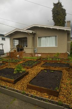 several raised garden beds in front of a house