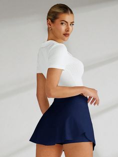 Women Simple Solid Color Casual Daily Fashion Charming Sport Mini Skirt Navy Blue    Knitted Fabric Plain Skort Medium Stretch  Women Activewear, size features are:Bust: ,Length: ,Sleeve Length: Summer Skort, Estilo Hip Hop, Black Party, Elegant Dresses Long, Boho Women, Kids Sleepwear, Kids Beachwear, Colorful Leggings, Active Wear For Women