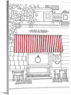 a drawing of a restaurant with red and white awnings