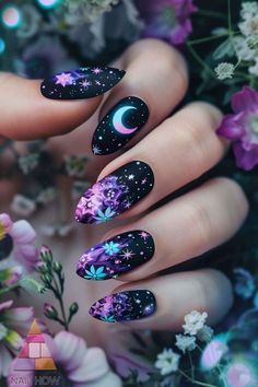 Transform your nails into works of art with these stunning nail designs! 💅🎨 From intricate patterns to bold colors, the possibilities are endless. #nailart #naildesigns #nailinspo #nailsofinstagram #naillove #nailgoals #nailfashion #nailtrends #nailaddict #nailartist" Cute Witch Nails, Mythical Nails, Purple And Blue Nails Ideas, Palette Aesthetic, Fall Nail Ideas, Witchy Nails, Coral Nails, Valentine Nail Art, Kawaii Makeup