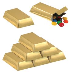 some gold bars and candy on a white background