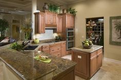 a large kitchen with granite counter tops and wooden cabinets, along with potted plants