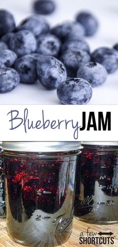 blueberry jam in two jars with the words, blueberry jam on top and below it