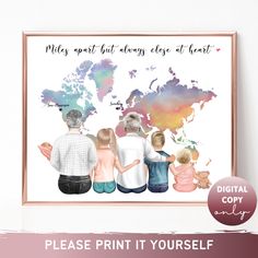 a family is sitting together in front of a world map with the words, please print it