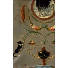 a painting with a cat sitting on top of a table next to a vase and mirror