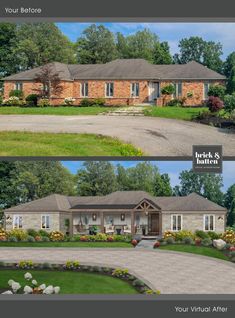 before and after photos of a brick ranch house