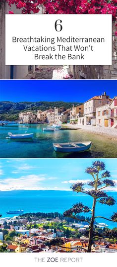 the coastline with boats, flowers and buildings in different locations that are on top of each other