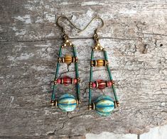 Handmade Vintage Turquoise Beaded Earrings, Handmade Turquoise Earrings For Festival, Turquoise Earrings With Colorful Czech Glass Beads, Bohemian Multicolor Czech Glass Beaded Earrings, Bohemian Multicolor Beaded Earrings In Czech Glass, Artisan Multicolor Wire Wrapped Earrings, Bohemian Multicolor Czech Glass Earrings, Bohemian Czech Glass Earrings With Ear Wire, Bohemian Nickel Free Czech Glass Earrings