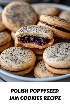 a plate full of cookies with jam on them and the words polish poppy seed jam cookies recipe