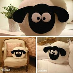 two pictures of sheep pillows and a chair with eyes on the top, one is black and white