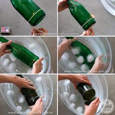 someone is pouring water into a bowl with ice cubes in it and then adding them to the bottle