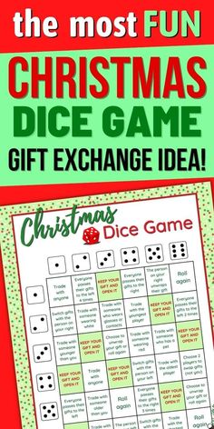 a christmas dice game with the text,'the most fun christmas dice game gift exchange idea