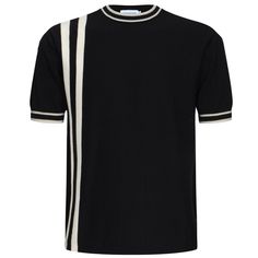 Rev up your retro style with our Men's Black Knitted T-Shirt. The Double Racing Stripes pay homage to the 1970s Mod trend. Make a fashionable pit stop in this classic piece. Get yours today! Black Striped T-shirt For Streetwear, Black Cotton T-shirt With Three Stripes, Black T-shirt With Contrast Stripes For Streetwear, Black T-shirt With Contrast Stripes, Retro Black Tri-blend T-shirt, Black Backdrops, Retro Tee, Sweater Material, Racing Stripes