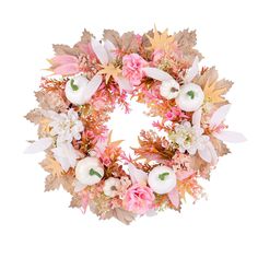 a wreath with flowers and leaves on it