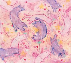 a drawing of three dolphins surrounded by stars and confetti in pink, purple, yellow and blue