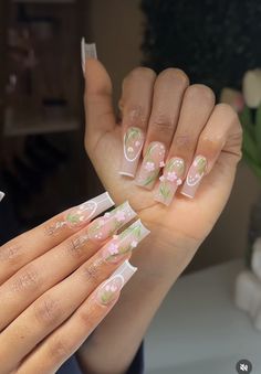 Flower Nail Inspo Acrylic, Plant Nails Design, Pink Flower Acrylic Nails, Sculpted Flower Nails, Floral Acrylics, Vine Nail Art, Floral Acrylic Nails, Cottagecore Nails, Ballerina Nails Designs