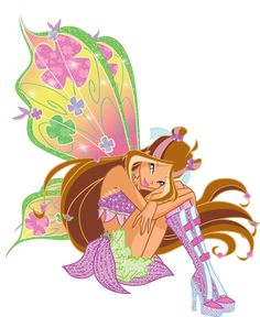 a cartoon fairy sitting on the ground next to a butterfly