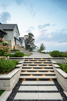 an outdoor stairway with steps leading up to the front door and side yard, along with landscaping