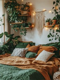 a bed with lots of plants on the wall