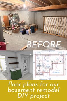 A before-and-after split image showing a cluttered, unfinished basement on the top half, and a digital rendering of a finished laundry room with a stacked washer and dryer on the bottom half. A detailed floor plan is also visible. Text overlay reads: 'Floor Plans for Our Basement Remodel DIY Project.' Basement Transformation, Finished Basement Designs, Basement Layout, Basement Remodel Diy, Basement Playroom, Remodel Diy, Diy Basement, Basement Design Ideas, Basement Remodel