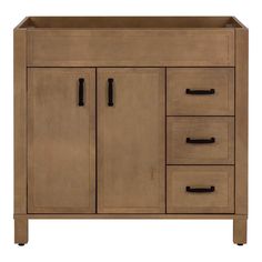 a bathroom vanity with two drawers and three doors on the front, one door open