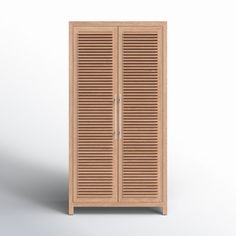 a tall wooden cabinet with shutters on the front and side doors, against a white background