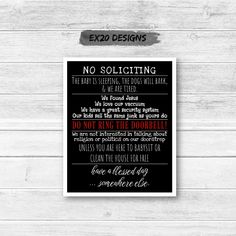 a black and white poster with the words exo designs no soliciting on it