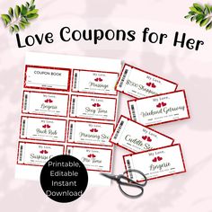 printable coupons for valentine's day with scissors and flowers in the background