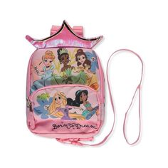 a pink backpack with princesses on it