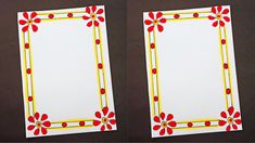 two blank cards with red and yellow designs on them, one has a square frame