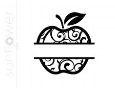 an apple with swirls and leaves is shown in the shape of a letter e