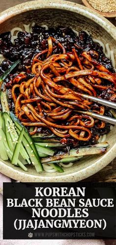 korean black bean sauce noodles with cucumber in a bowl