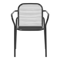 a black plastic chair with arms and legs on a white background the chair has a slatted backrest