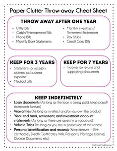 FREE Printable -- what you can toss and what you actually need to keep. Finally get a grip on all that paper! Organizing Paperwork, Paper Clutter, Organisation Hacks, Clutter Organization, Organize Declutter, Paying Bills, Paper Organization, Office Organization, Cheat Sheets