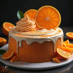 an orange cake with icing and sliced oranges