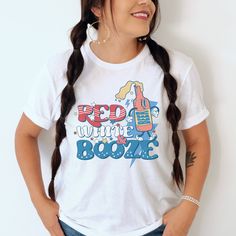 This funny retro 4th of July shirt, Red White and Booze, is perfect for those summer cookouts! Get matching his and hers shirts to wear all summer long! Welcome to my store! Everyone needs the perfect t-shirt to complement an everyday, laid-back look. The ideal top for so many occasions, this lightweight cotton tee will keep you comfy and looking smart. * 100% combed and ring-spun cotton (Heather colors contain polyester) * Fabric weight: 4.2 oz/yd² (142 g/m²) * Pre-shrunk fabric * Side-seamed c Red T-shirt With Funny Text For Summer, Red Fun T-shirt With Funny Print, Fun Red T-shirt With Funny Print, Funny Red Tops With Screen Print, Funny Red Top With Screen Print, Funny Red Screen Printed Top, Funny Red Screen Print Tops, Red T-shirt With Funny Print, Funny Red Pre-shrunk Tops