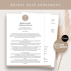 Customizable Bridal Hair Contract Template for a Smooth Wedding Experience Streamline your bridal hair services with our professionally designed Bridal Hair Contract Template. This customizable template covers all the essential details, ensuring a stress-free experience for both you and the bride-to-be. Capture client information, outline services and pricing, establish payment terms, schedule trial sessions, and set wedding day logistics. Save time and focus on creating beautiful hairstyles. Purchase our Bridal Hair Contract Template today for a smooth wedding experience! Note: This contract template is for informational purposes only and should not be considered legal advice. Consult with a qualified attorney to address any specific legal concerns or requirements. Template for Canva This Bridal Hair Business, Hair Care Template, Contract Template, Business Hairstyles, Bridal Hair, Beautiful Hair, Stationery Design, Stationery Paper, Hair Hair