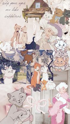 a collage of cats and kittens in pink, blue, white, and grey colors