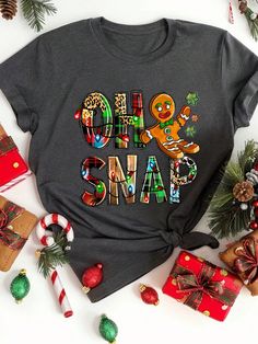 Plus Size Festive Oh Snap Gingerbread Print, Women's Casual Fashion Short Sleeve Round Neck T-Shirt, Retro Colorful Lights Pattern, Holiday Top Dark Grey Casual  Short Sleeve Knitted Fabric Cartoon,Christmas,Letter,Plain  Medium Stretch  Women Plus Clothing, size features are:Bust: ,Length: ,Sleeve Length: Colorful Lights, Oh Snap, Christmas Style, Holiday Tops, Christmas Lettering, Top Graphic Tees, Christmas Fashion, Fashion Mode, Graphic Tees Women