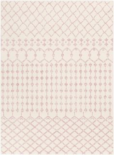 a white rug with pink designs on it