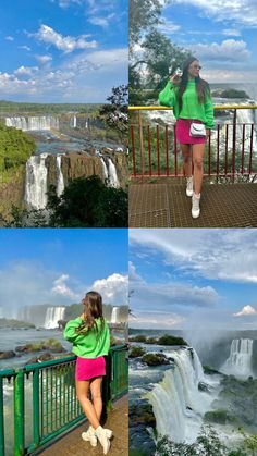 three pictures of the same woman in different outfits, one is standing on a bridge