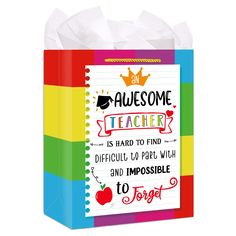 a colorful gift bag that says, awesome teacher is hard to find