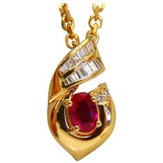 Red Ruby & Diamonds Necklace .65ct. natural oval ruby Vivid Red .25ct. Natural diamonds. Baguette Cuts G color Vs-2 clarity 14Kt yellow gold 9 grams. Overall: 18.5 x 10.3mm Necklace Overall length: 20 Inch Comfortable and secure clasp. Ruby Diamond Necklace, Ruby Diamond Pendant, Ruby And Diamond Necklace, Pear Shaped Pendant, Platinum Chain, Diamonds Necklace, Heart Necklace Diamond, Ruby Pendant, Ruby Necklace