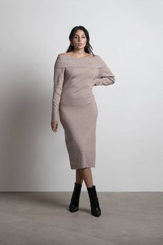 Nye Party Dresses, Latest Winter Fashion, Beige Midi Dress, Winter Bridesmaid Dresses, Sweater Midi Dress, Holiday Dresses Women, Brown Midi Dress, Bardot Neckline, Off The Shoulder Sweater