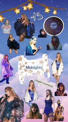 a collage of photos with stars and the words midnights above them is an image of various models