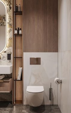 a bathroom with a toilet, sink and mirror in it's centerpieces