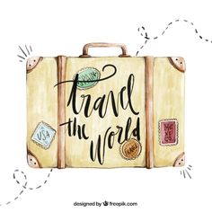 a watercolor painting of a suitcase with words on the front and bottom that says travel the world